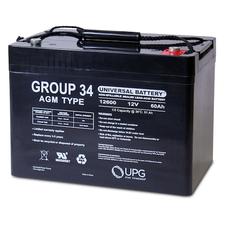 Upg Sealed Lead Acid Battery, 12 V, 60Ah, UB12600, I6 Internal Thread Terminal, AGM, Group 34 Type 40503